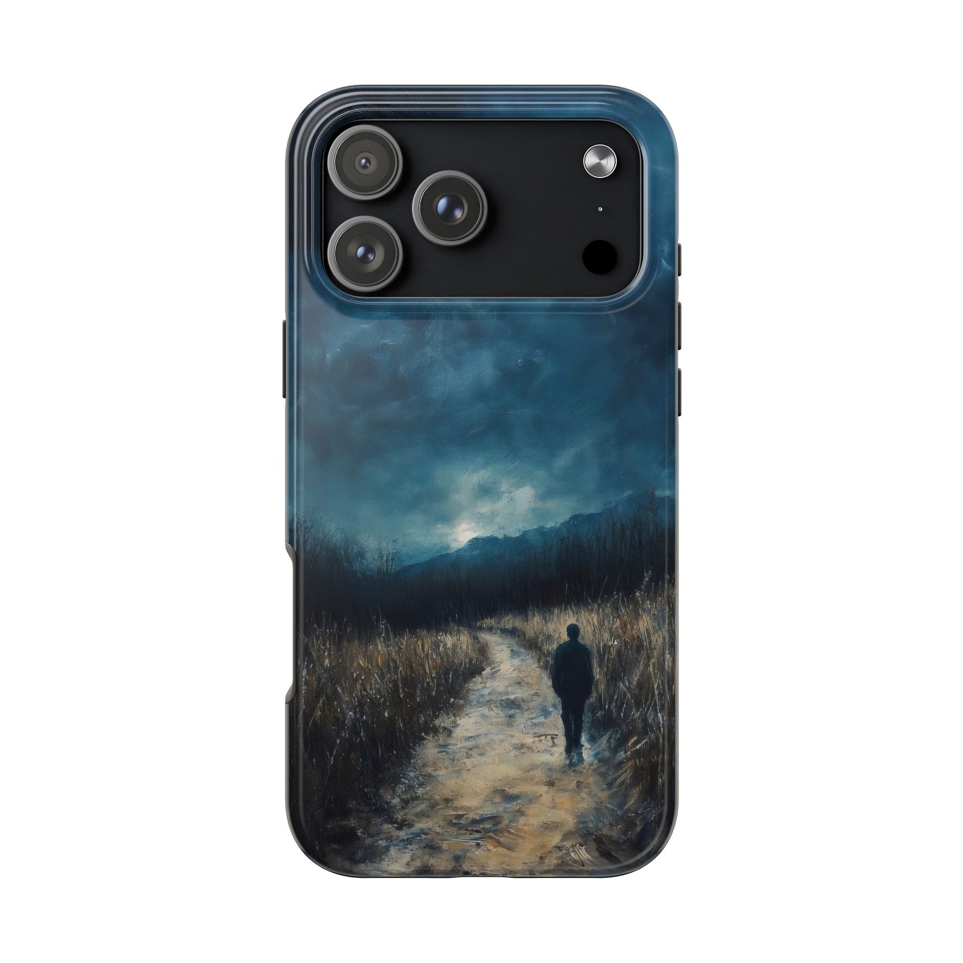Phone case with a solitary figure walking on a path under a dramatic, cloudy sky