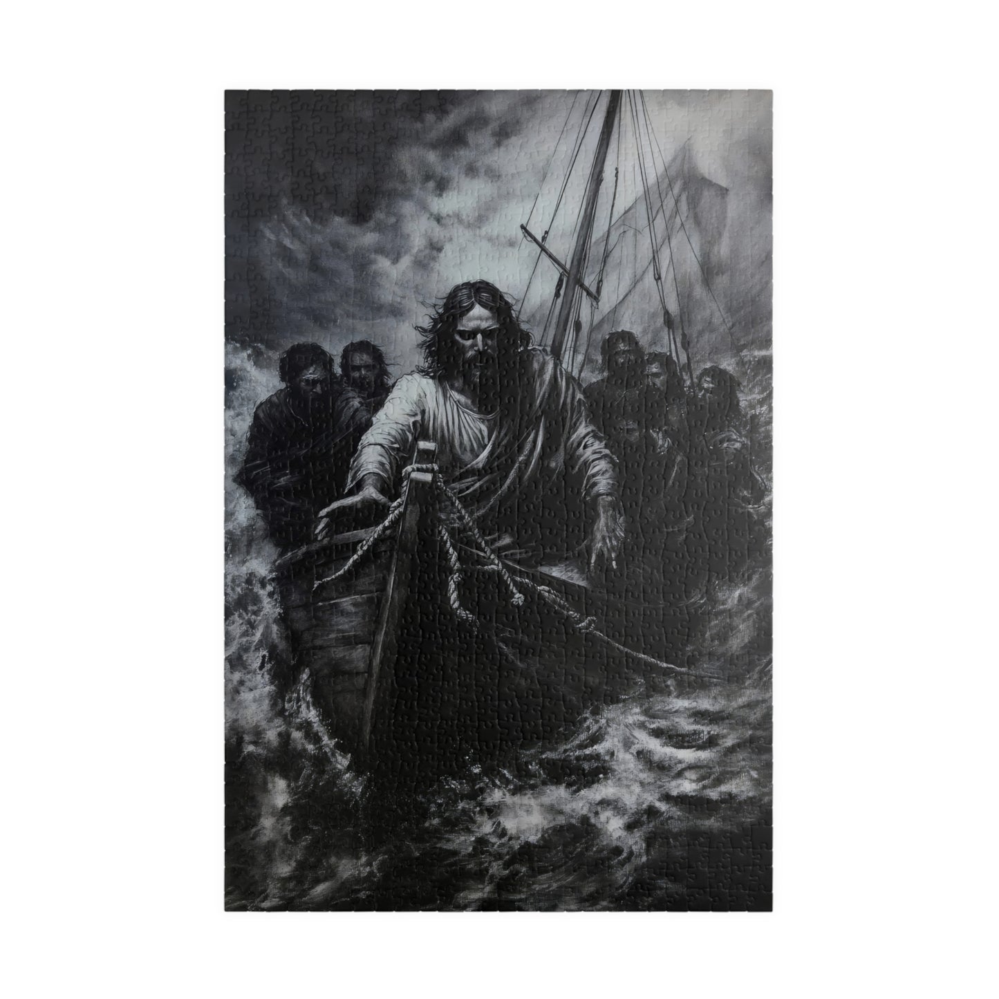 Religious jigsaw puzzle with Jesus walking on water and disciples nearby