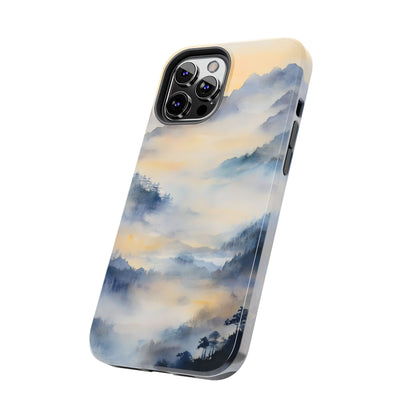 Phone case with serene watercolor mountain and mist landscape design