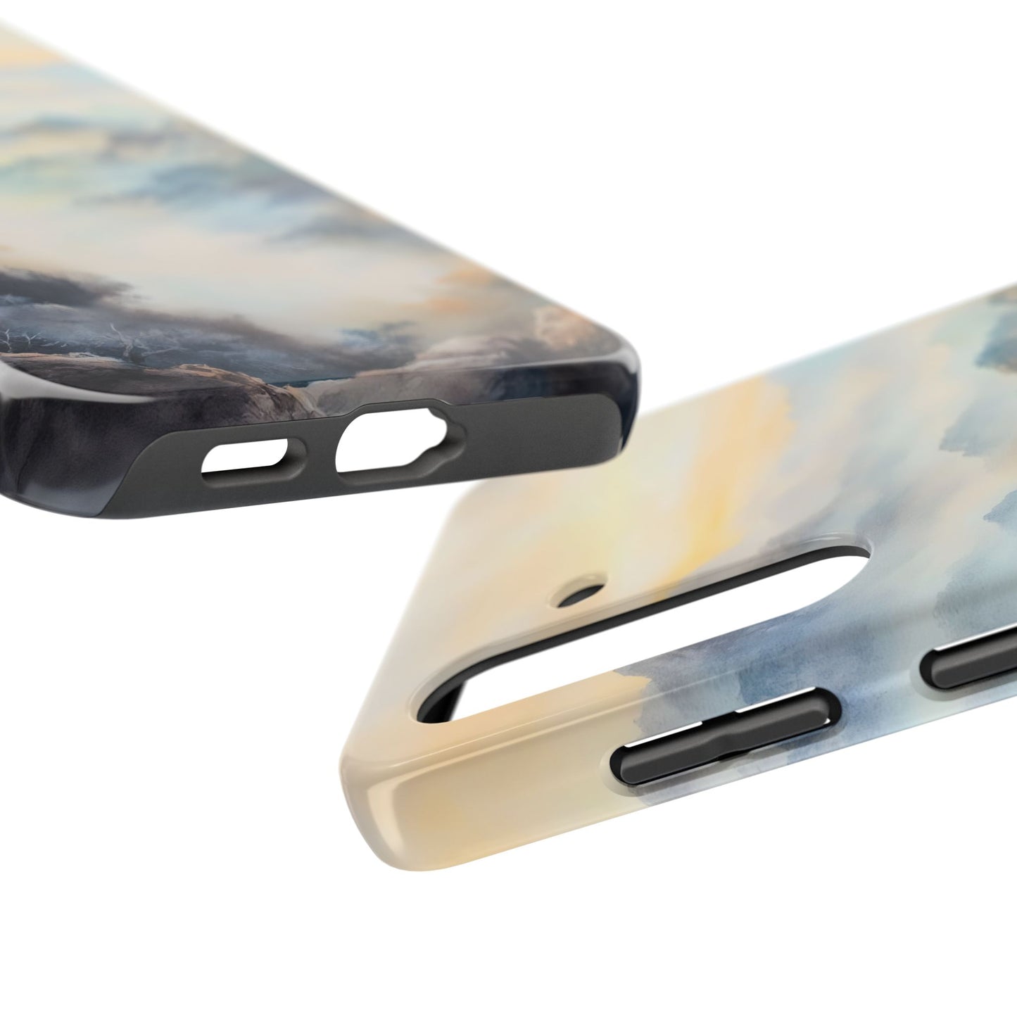 Close-up of phone cases with serene, abstract pastel cloud art and precise cutouts