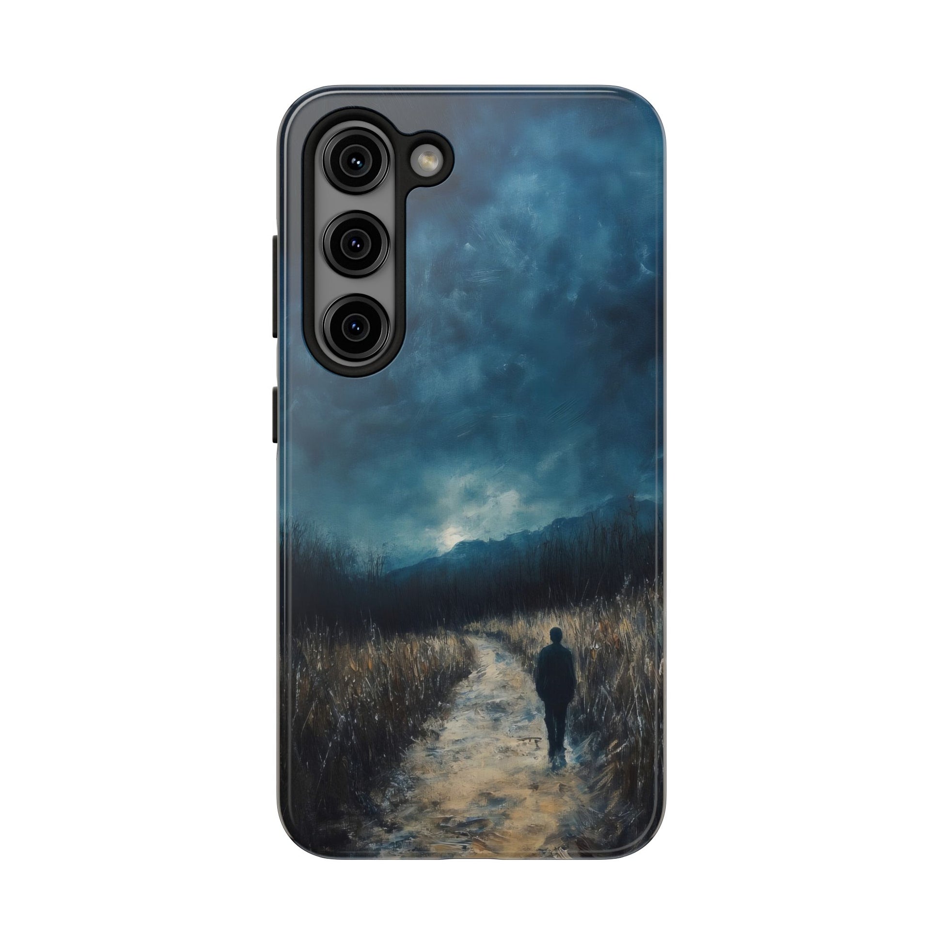 Phone case with moody landscape art, lone figure walking on path beneath dark cloudy sky