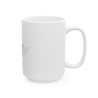 White ceramic mug with minimalist dove illustration, faith-inspired home decor