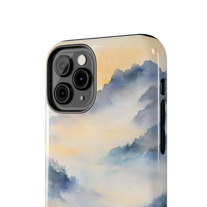 Phone case with serene mountain landscape in soft blue and yellow watercolor style