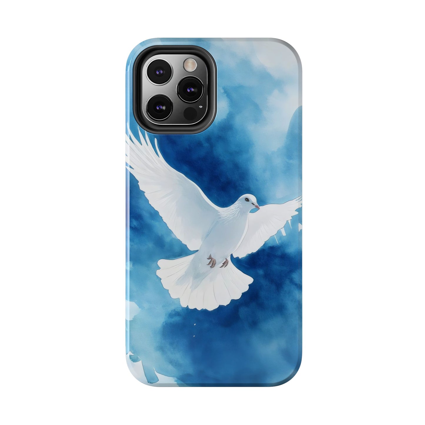 Christian phone case with white dove illustration on blue watercolor background, faith-inspired design