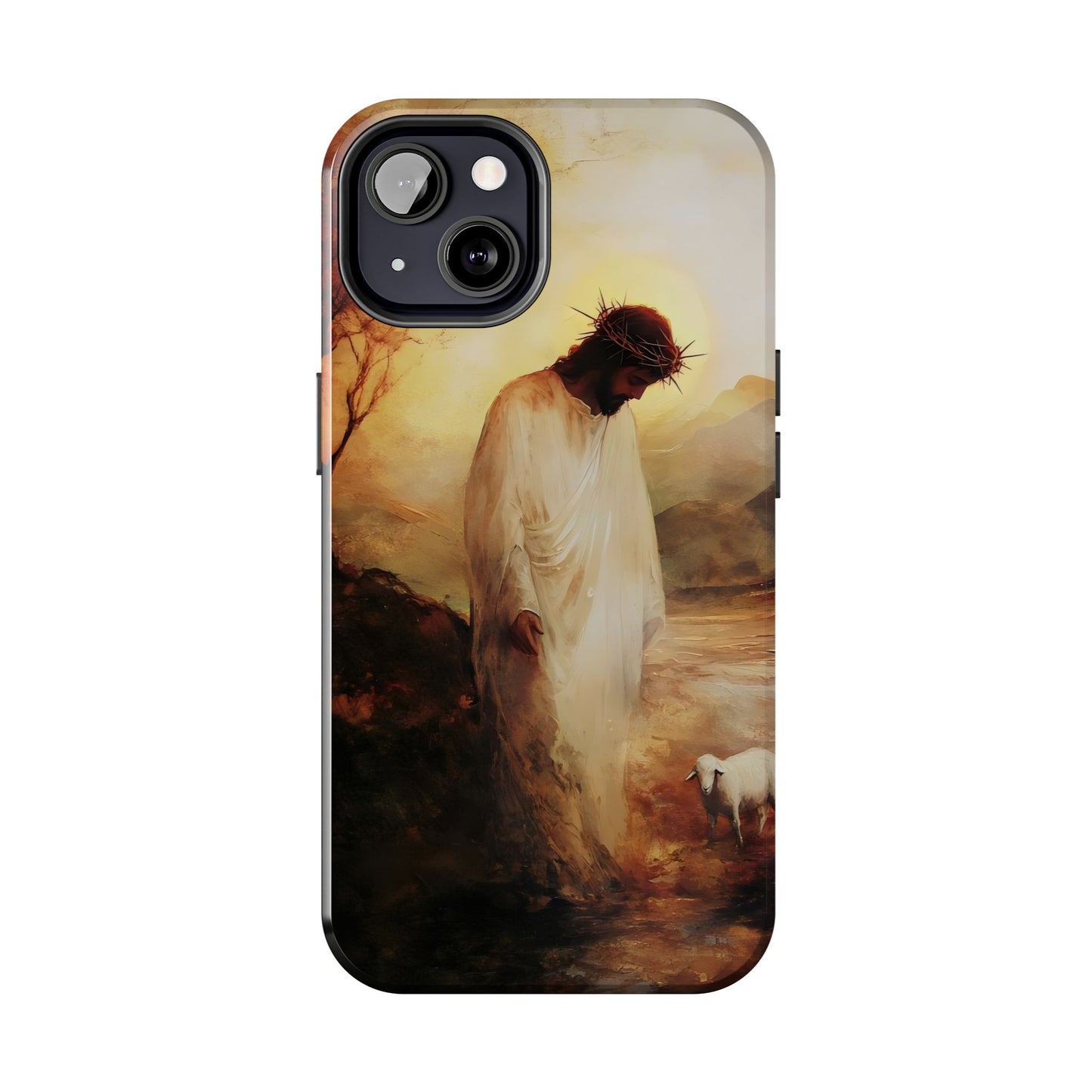 Christian phone case featuring Jesus with crown of thorns and lamb in serene landscape