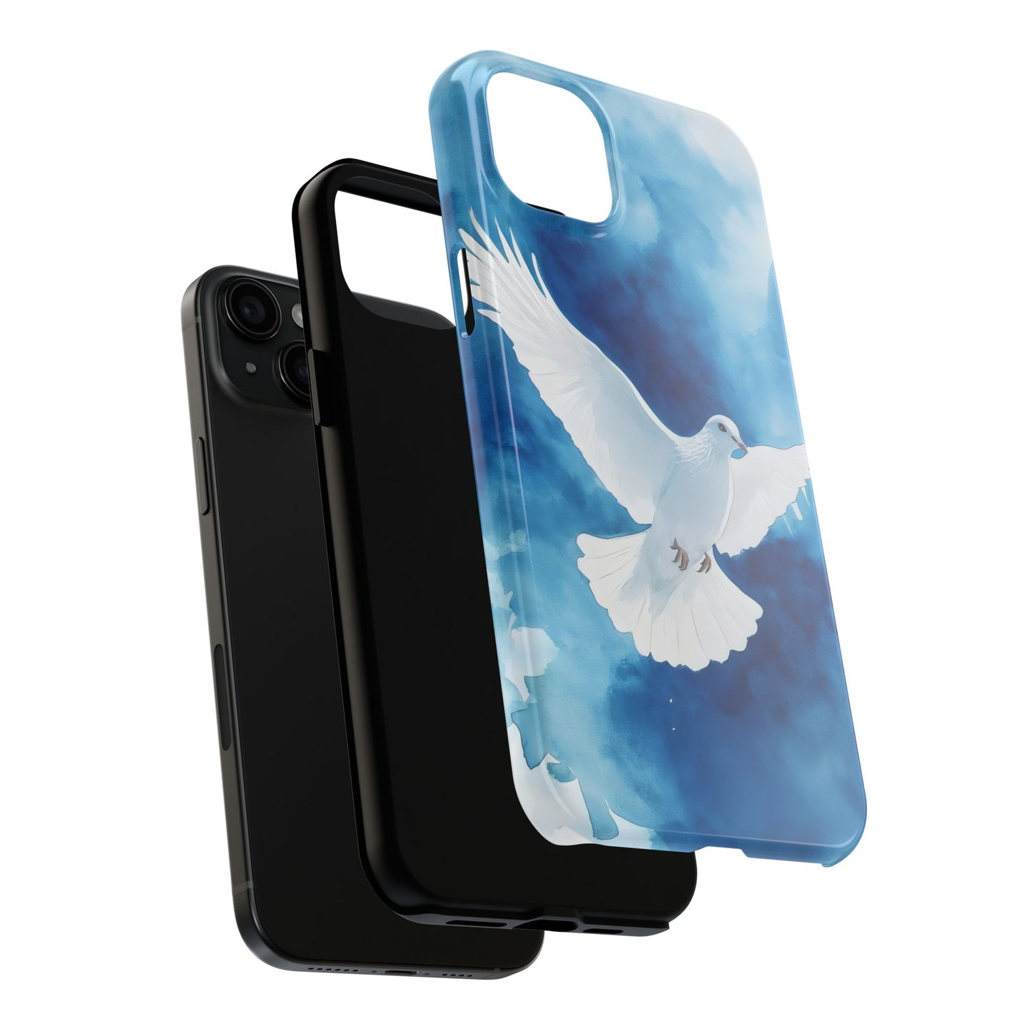 Christian phone case with white dove and blue sky design, faith-inspired accessory