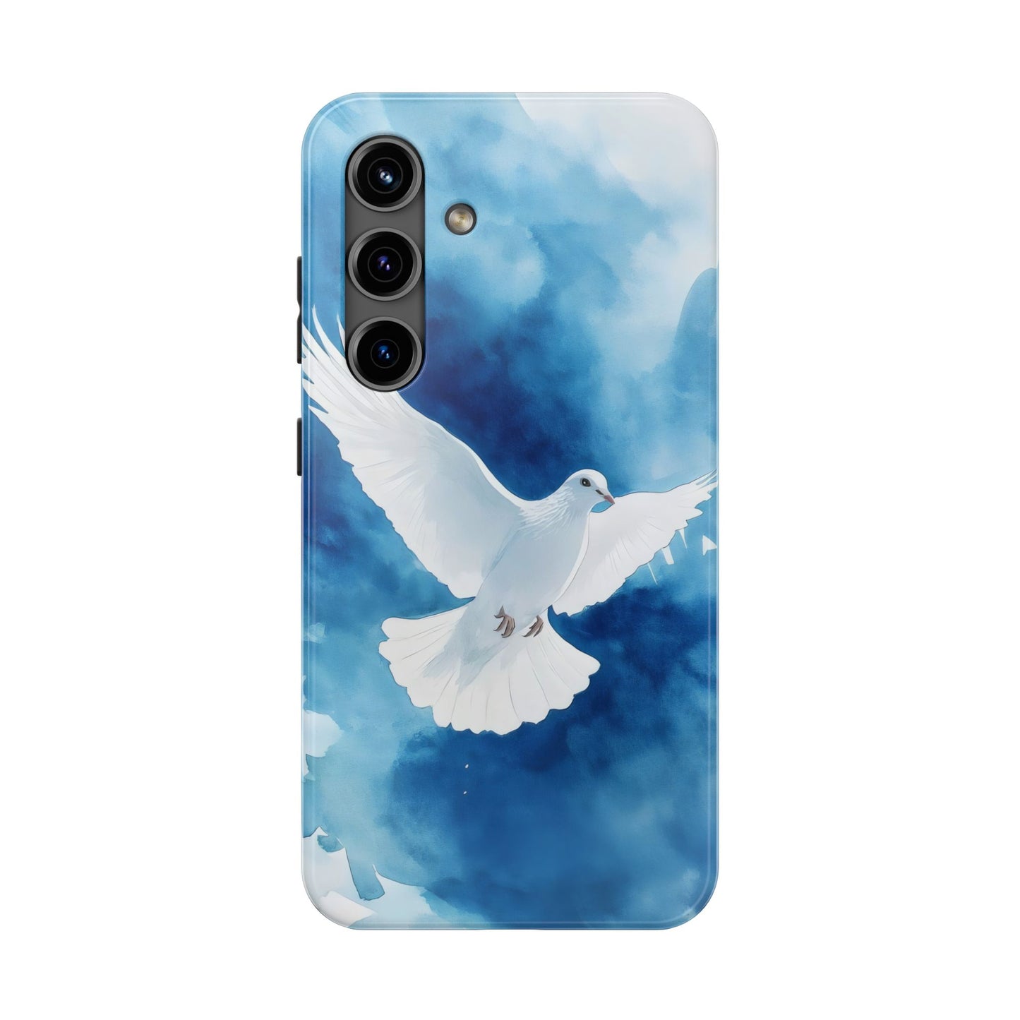 Phone case with white dove artwork on blue watercolor background, spiritual Christian design