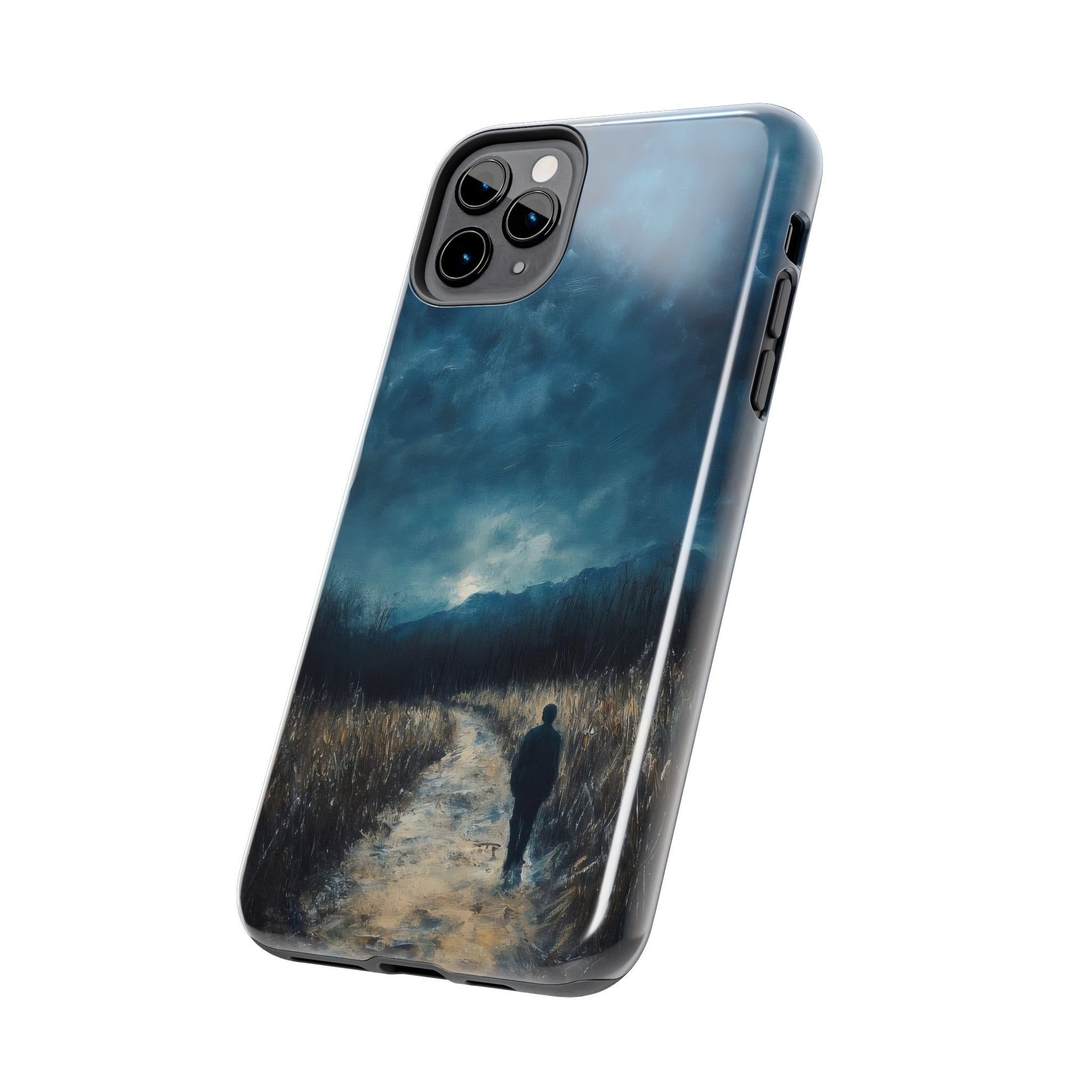 Phone case featuring moody landscape art with a lone figure walking on a path at dusk