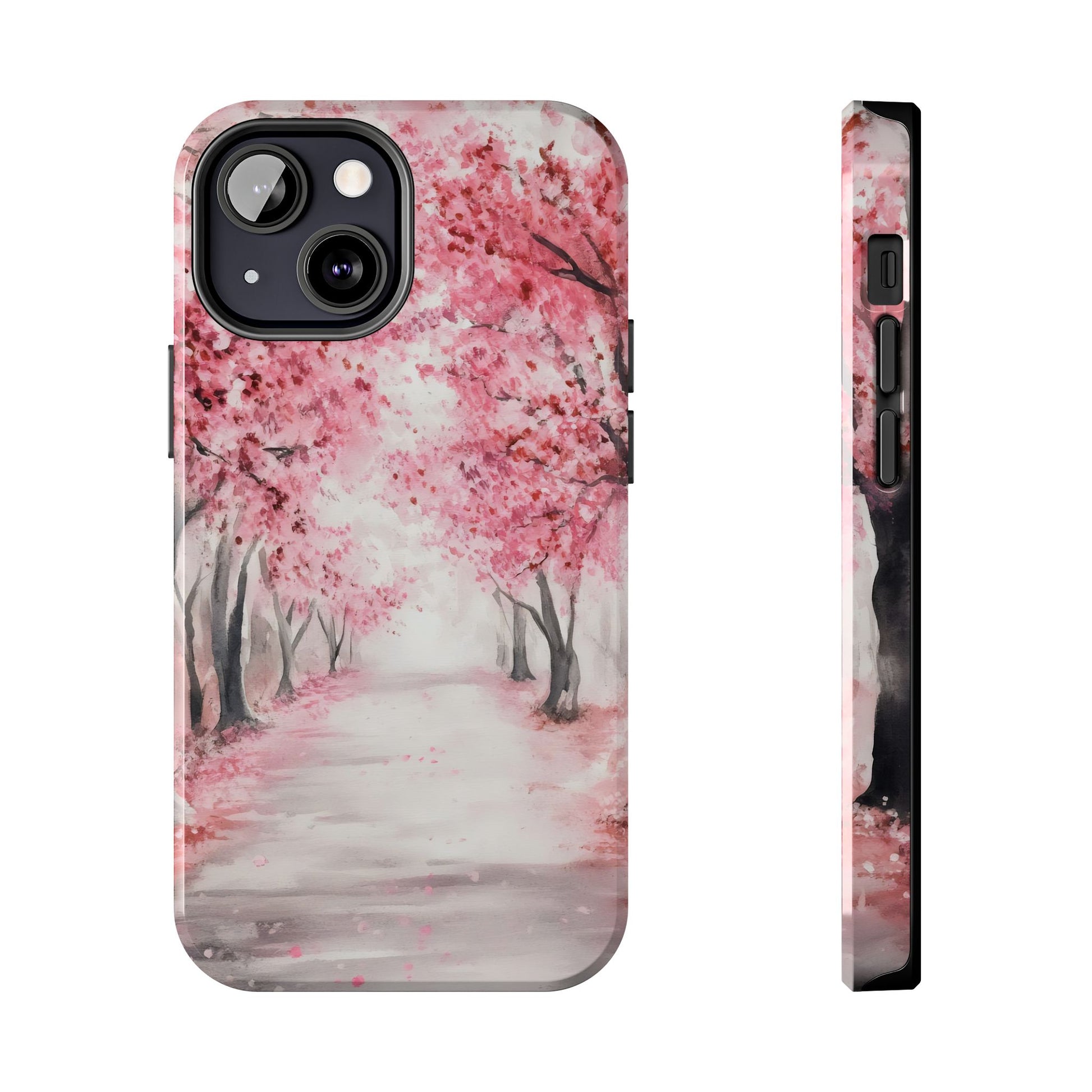 iPhone case with watercolor pink cherry blossom trees and peaceful path design