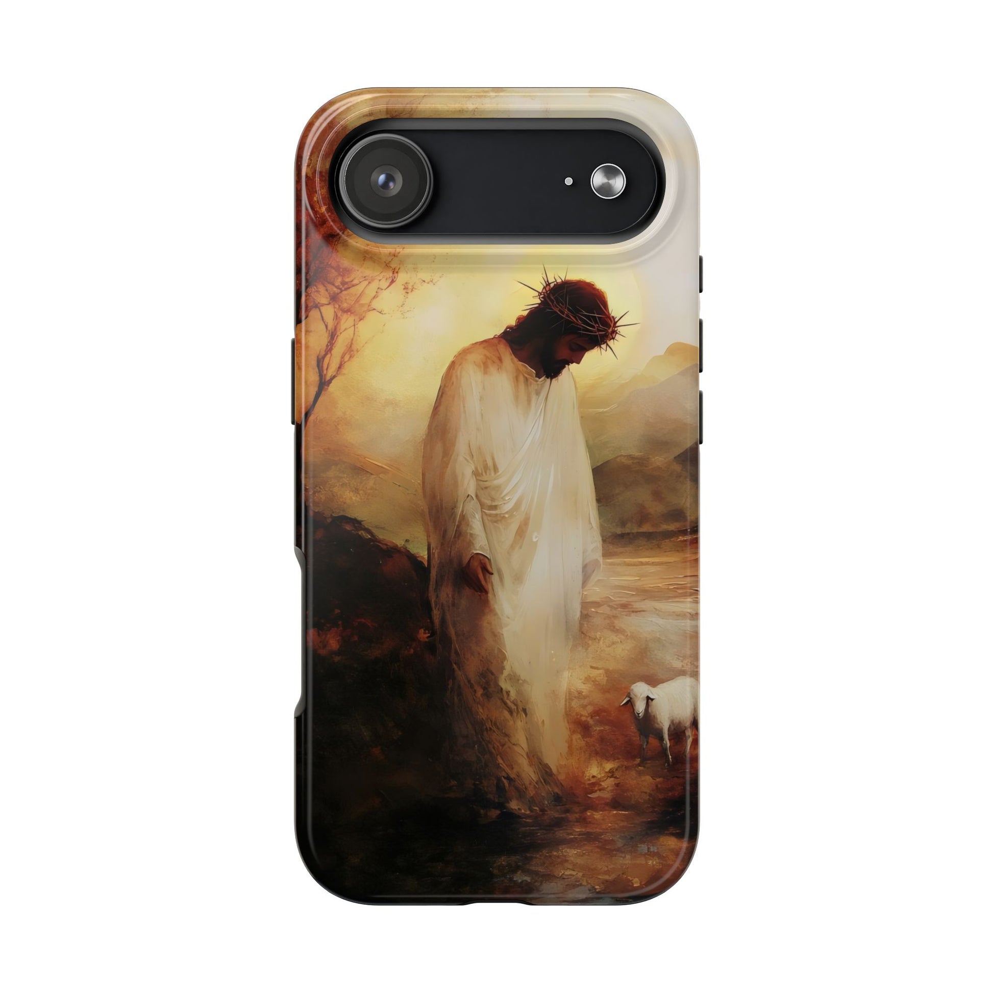 Christian phone case showing Jesus in white robe with crown of thorns and lamb, spiritual art