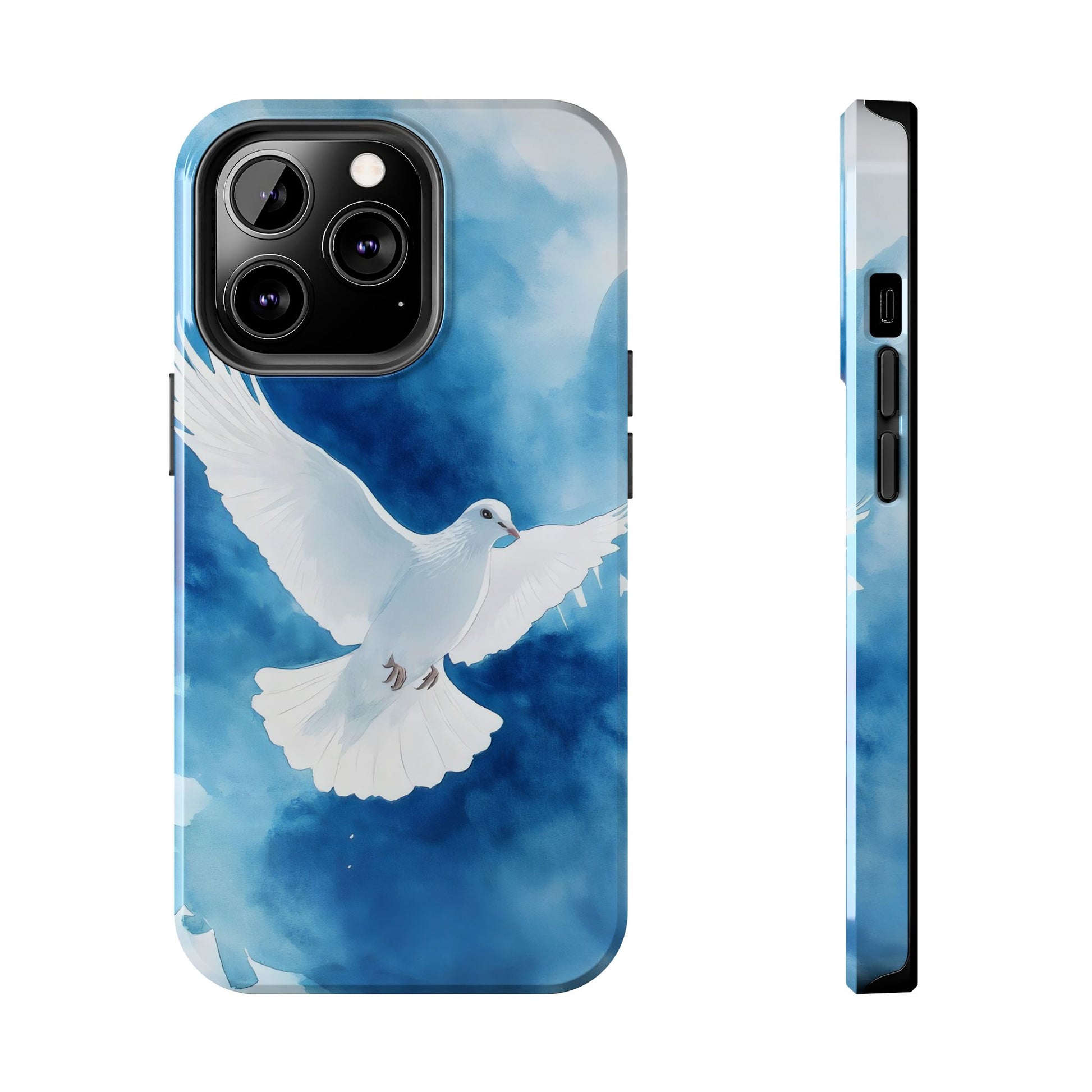 Phone case with white dove illustration on blue watercolor background, Christian symbolism.