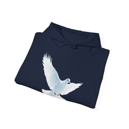 Navy blue hoodie with a white dove graphic, Christian faith apparel