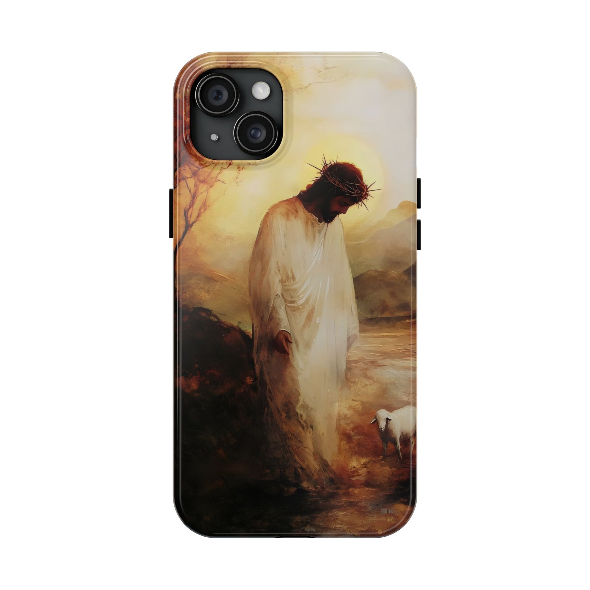 Christian phone case with Jesus in a white robe and crown of thorns beside a lamb