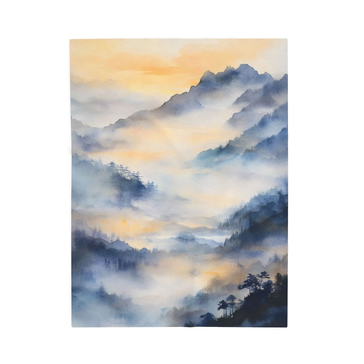 Misty Mountain Sunrise Velveteen Plush Blanket | Watercolor Landscape Throw