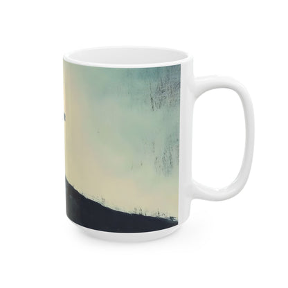 White ceramic mug with minimalist abstract sunrise and mountain artwork