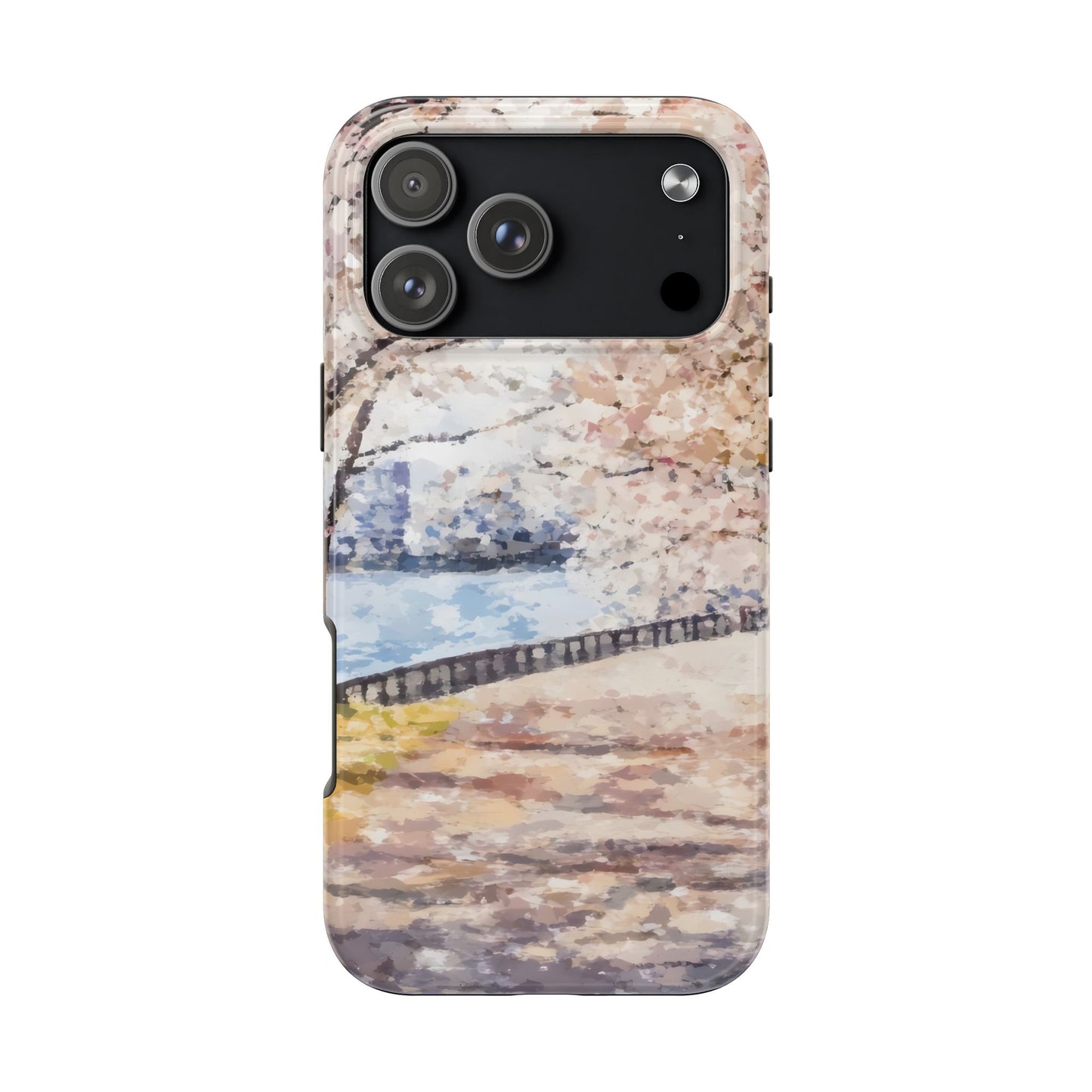 iPhone case with abstract pastel painting of a peaceful riverside path and blossoming trees