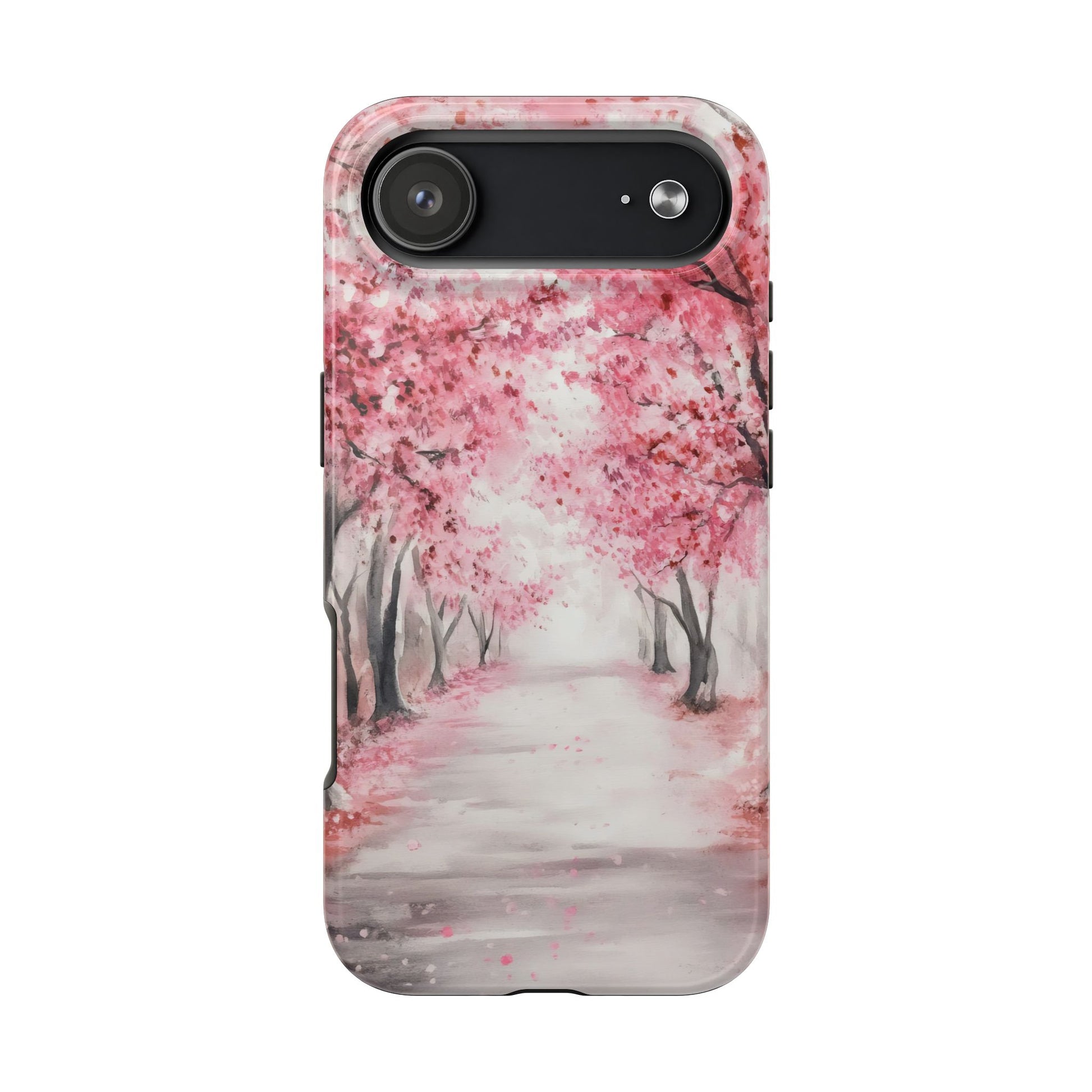 Phone case with pink cherry blossom trees and serene pathway design
