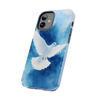 Phone case with white dove illustration on blue watercolor background, Christian symbolism.