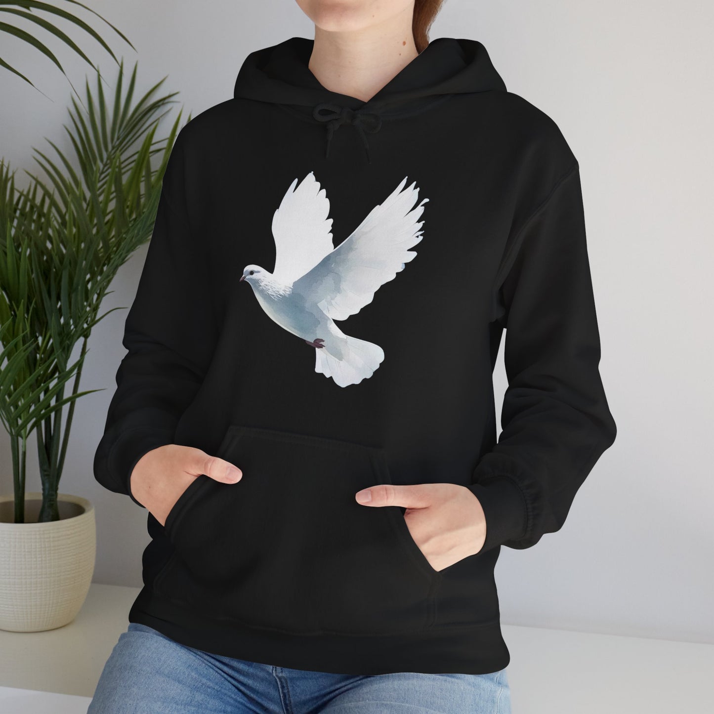 Black hoodie with white dove graphic, Christian faith-inspired apparel