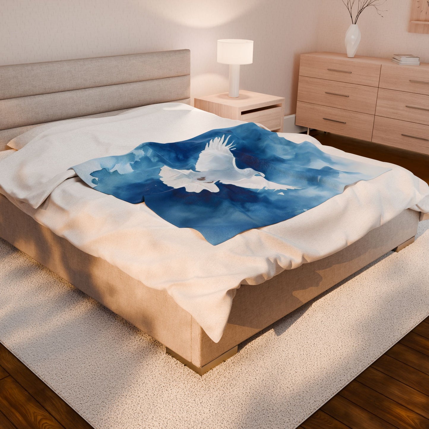 White Dove in Blue Watercolor Sky Velveteen Plush Blanket | Peaceful Bird Throw