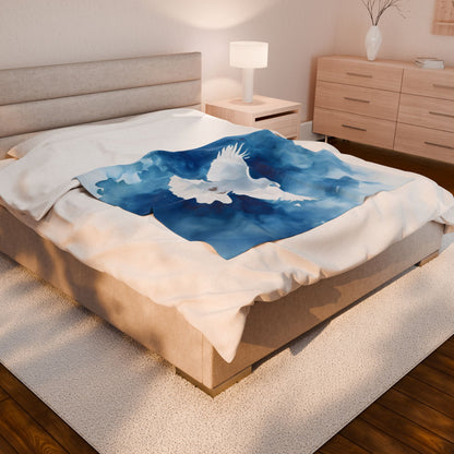 White Dove Blue Watercolor Velveteen Plush Blanket — folded blanket product view