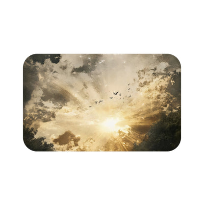 Christian wall art of sun rays breaking through clouds with birds flying, serene nature scene