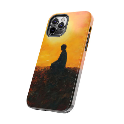 Phone case with silhouette of person meditating at sunset, mindful spiritual art design