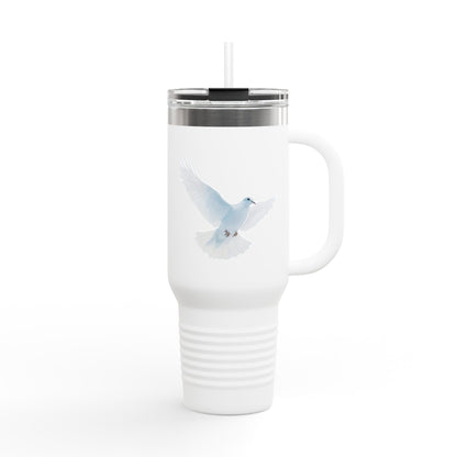 40 oz insulated travel tumbler with a white dove on blue watercolor artwork