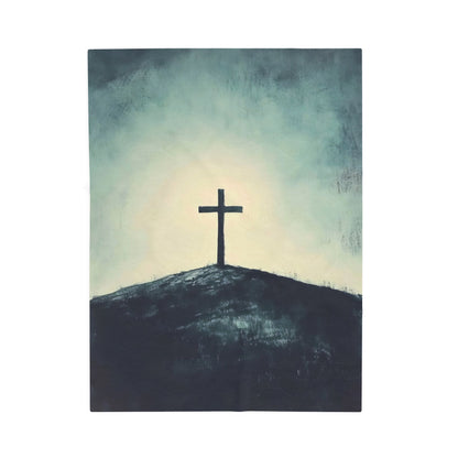 Velveteen plush blanket with a Christian cross on a peaceful hill landscape