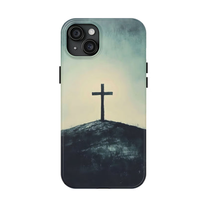 Christian phone case with painted cross on hill, spiritual faith-inspired design