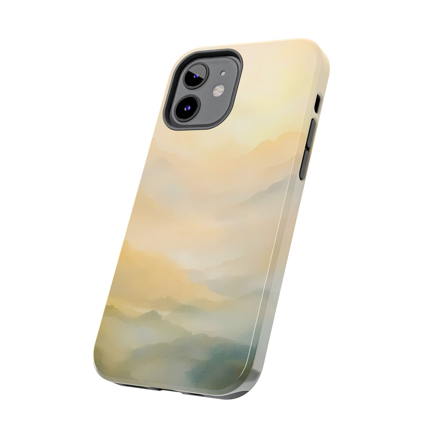 Phone case featuring a soft pastel mountain landscape, minimalist and tranquil design