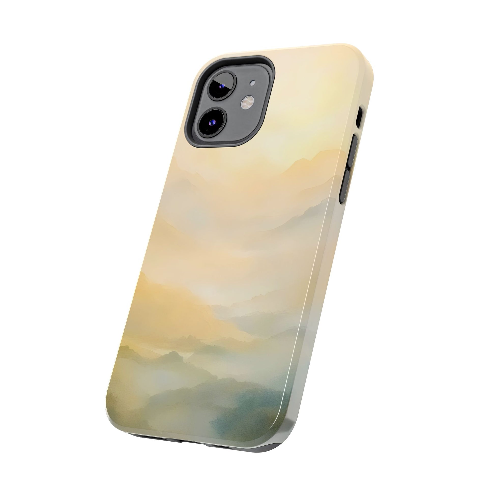 Phone case featuring a soft pastel mountain landscape, minimalist and tranquil design
