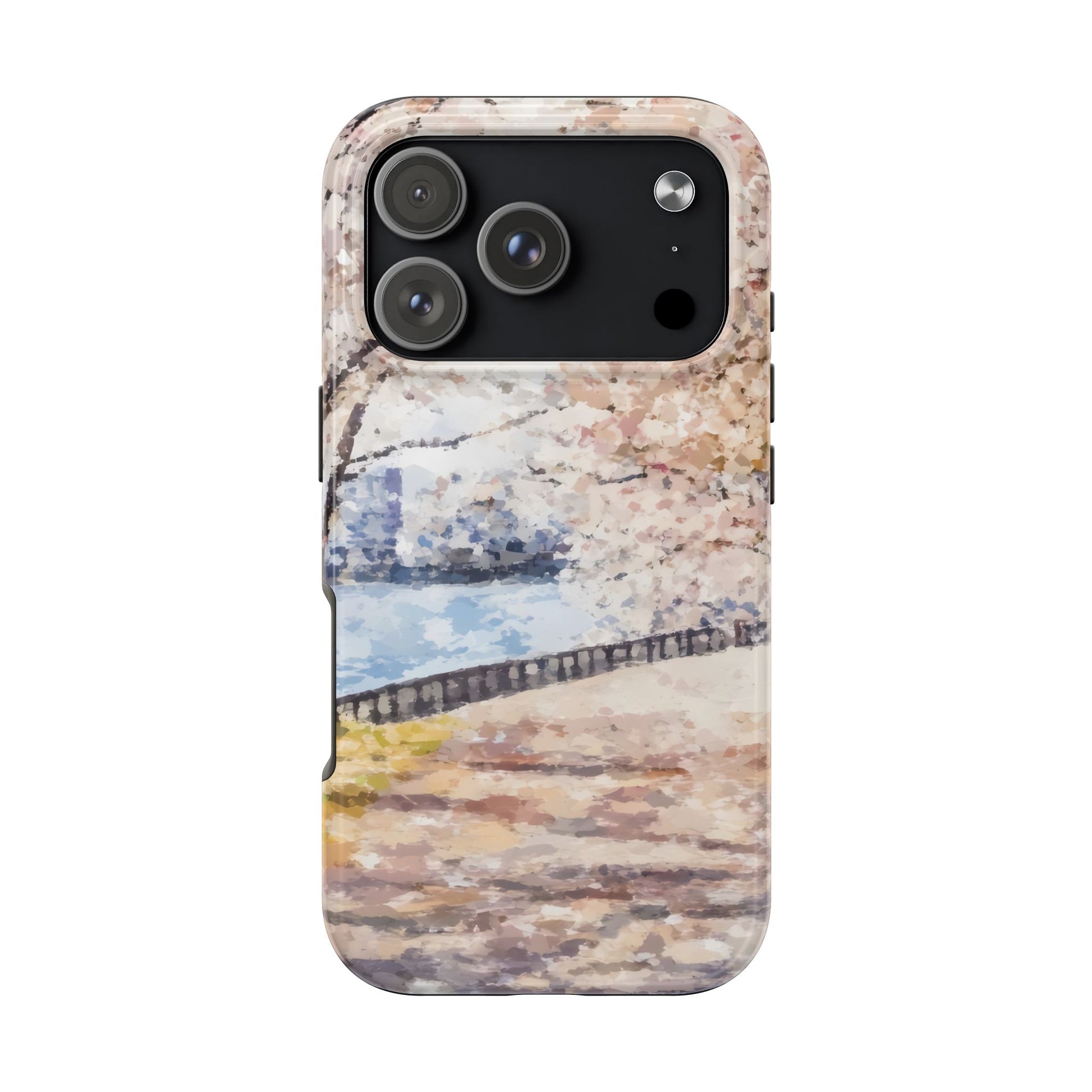 iPhone case with pastel watercolor landscape of cherry blossom trees by a riverside path