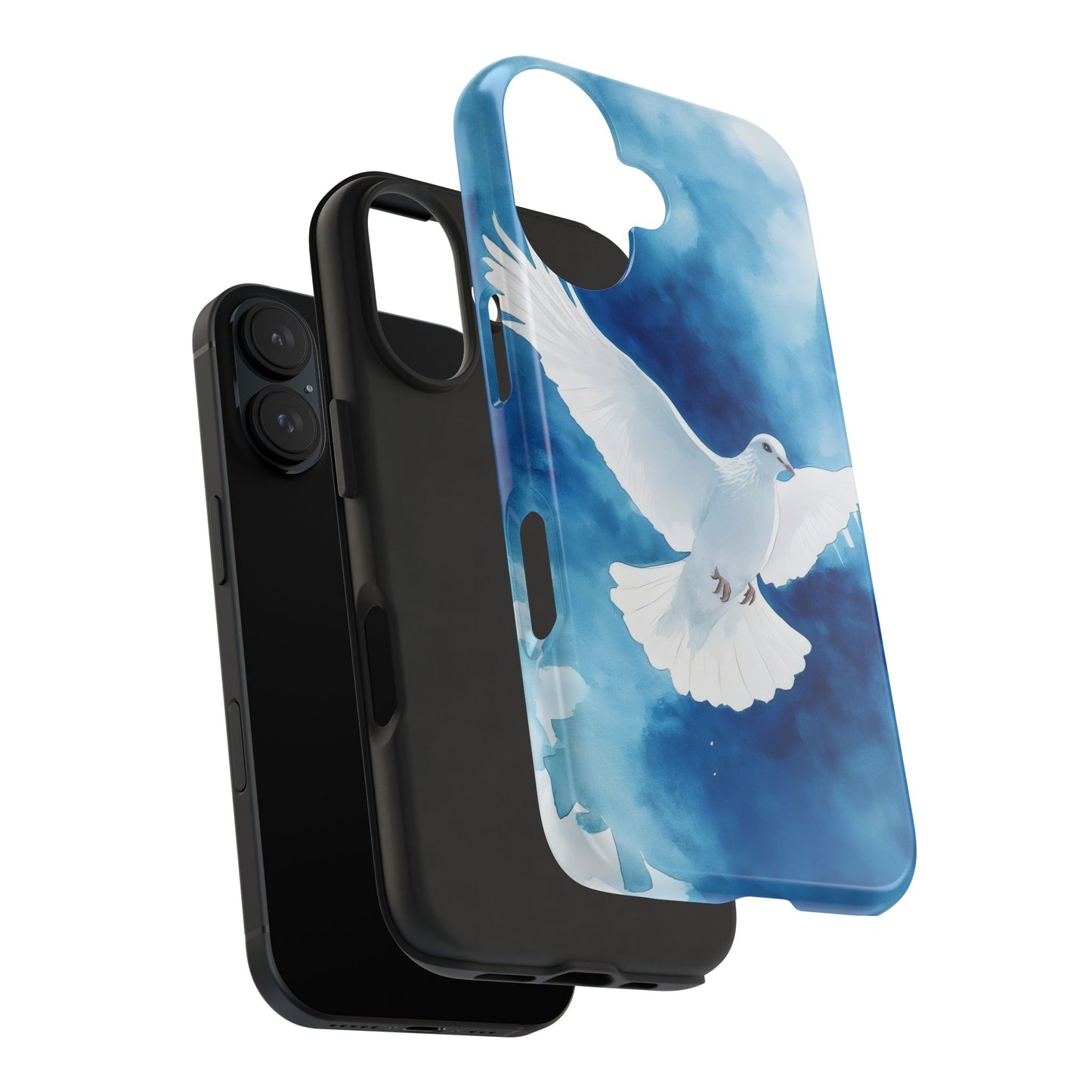 Christian phone case with flying white dove and blue sky, faith-inspired protective cover