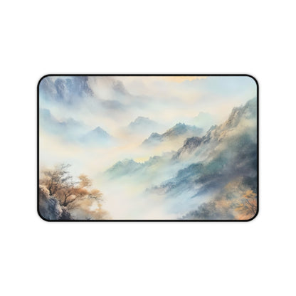 Desk mat with a soft watercolor misty mountain landscape