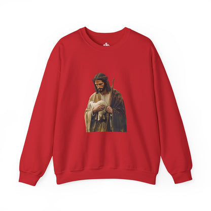Red Christian sweatshirt featuring shepherd holding lamb graphic, faith-inspired apparel