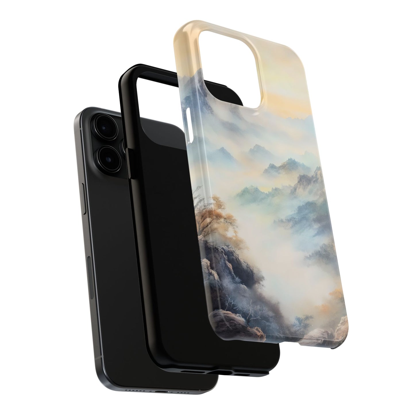 Phone case with serene mountain landscape art in soft pastel colors, fits modern smartphone