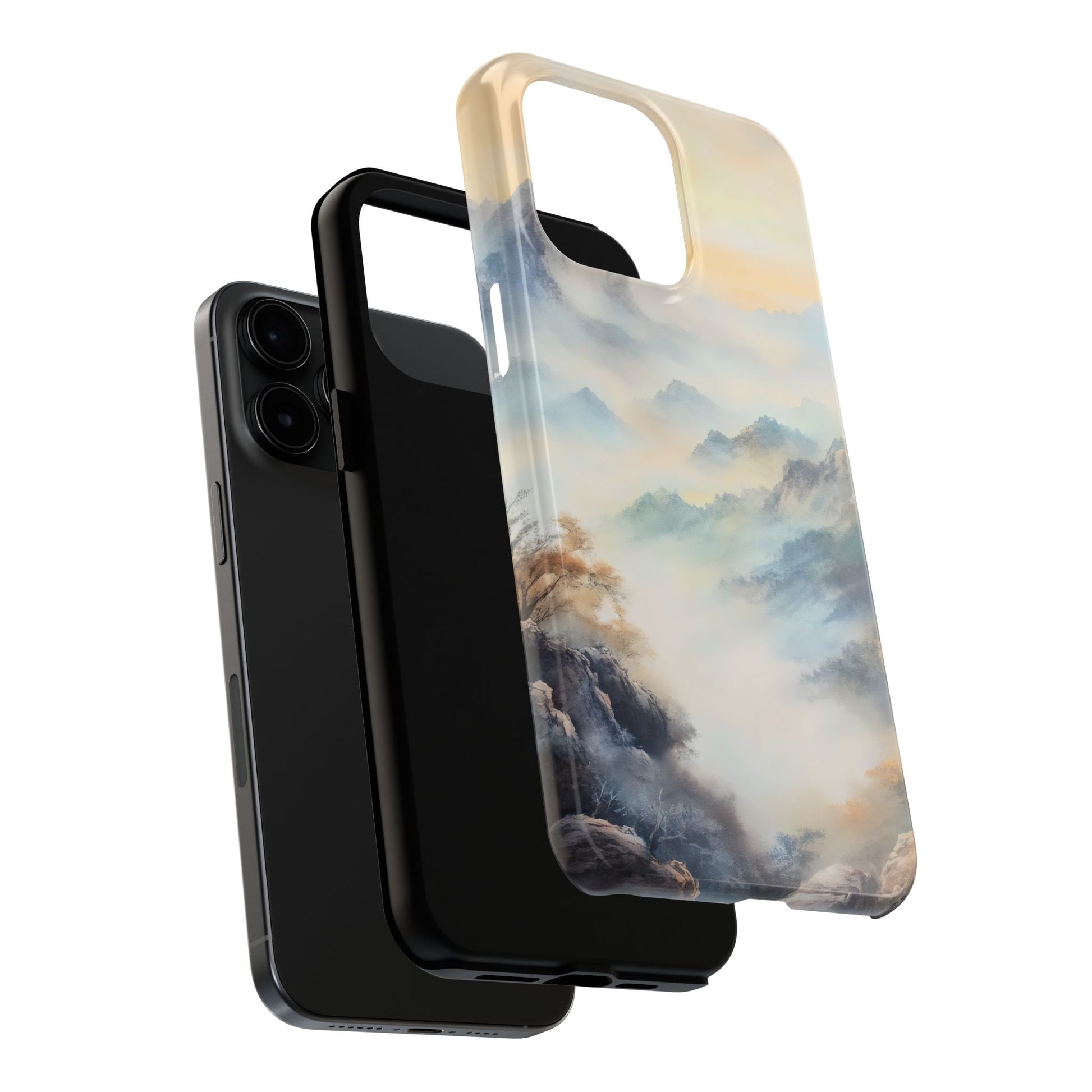 Phone case with serene mountain landscape art in soft pastel colors, fits modern smartphone