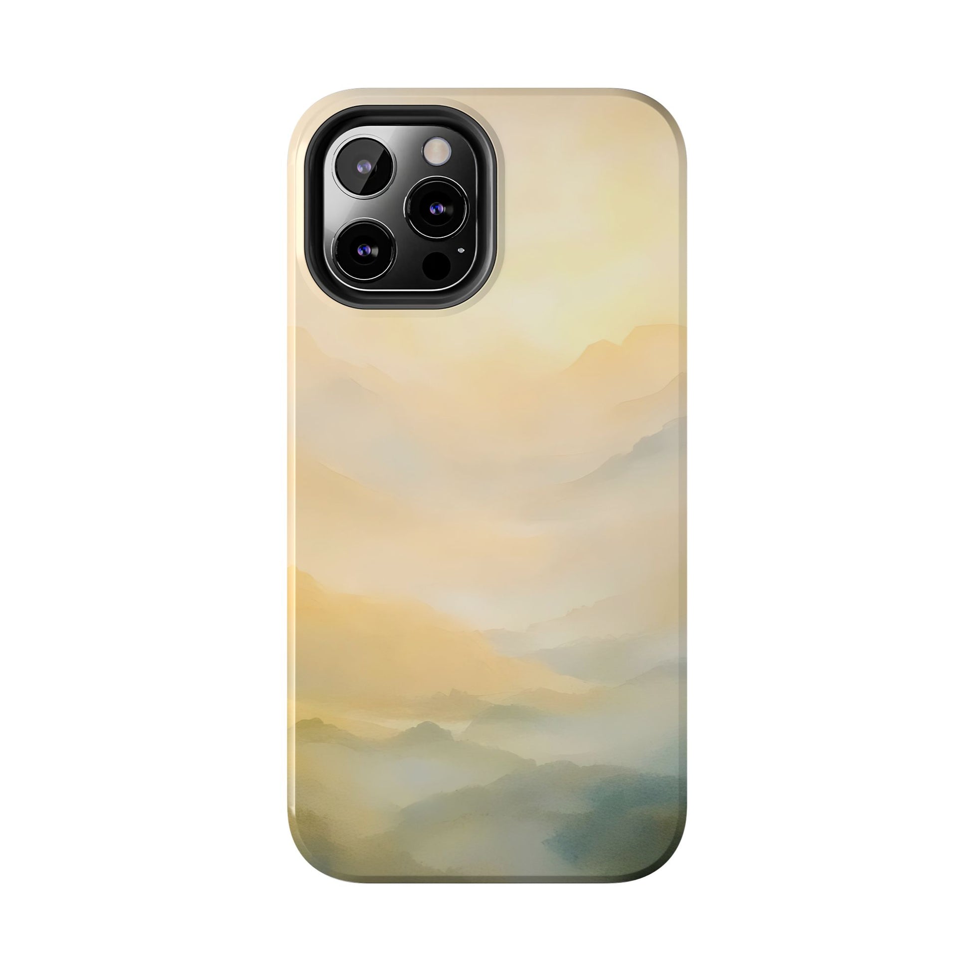 Serene misty mountain landscape phone case with soft yellow and blue tones