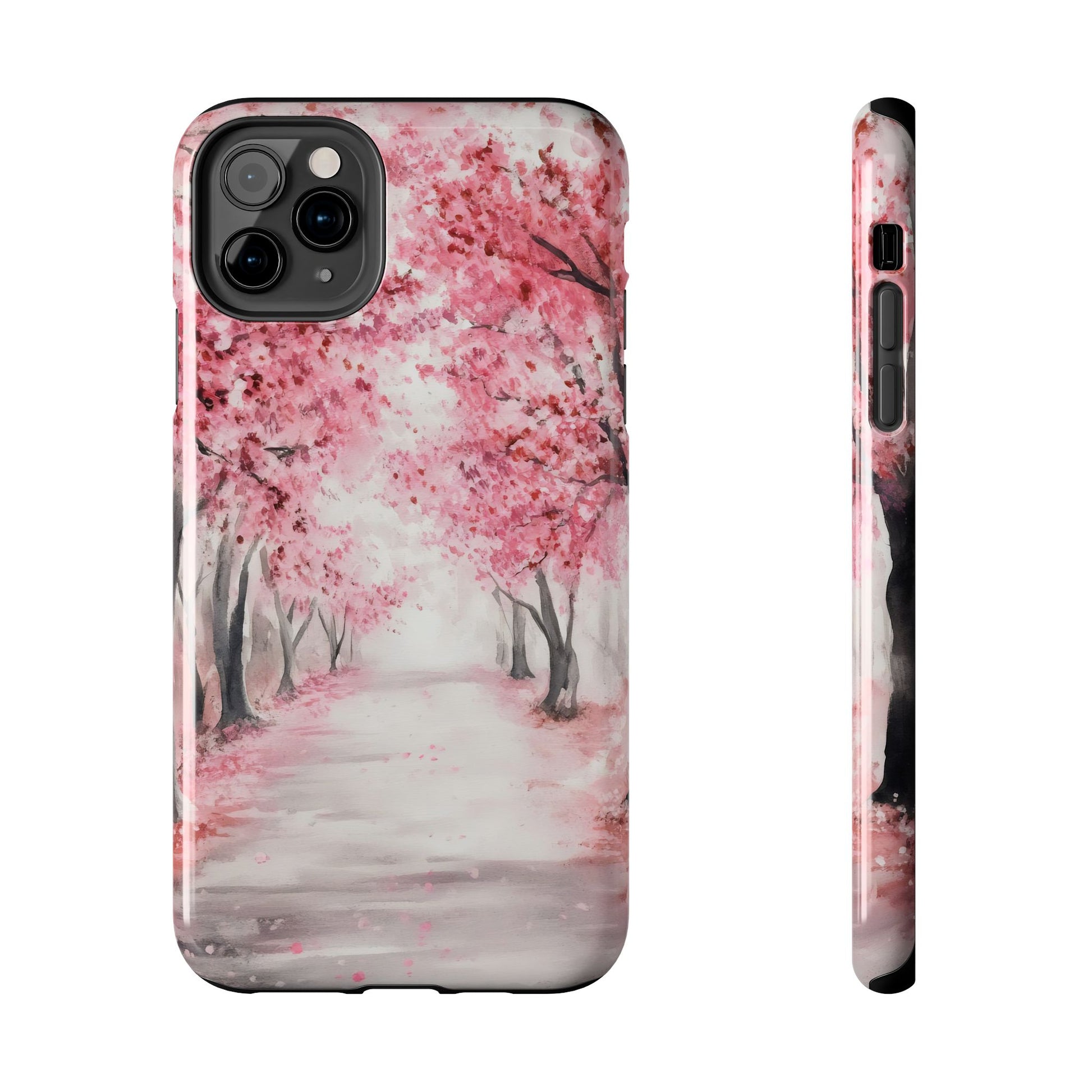 Phone case with watercolor pink cherry blossom trees on a tranquil misty path