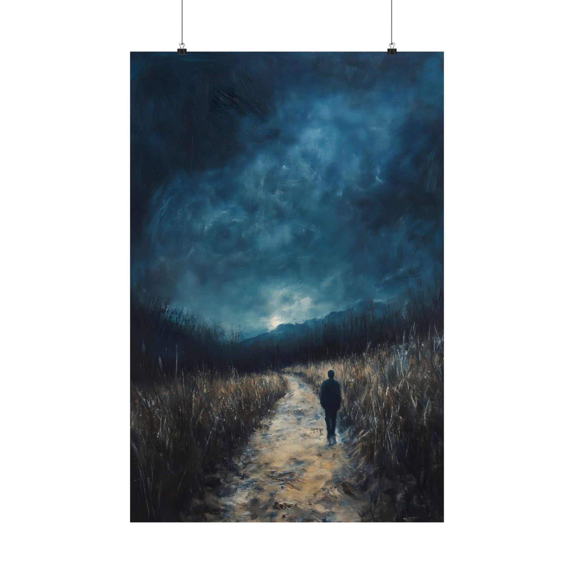 Moody wall art of a lone figure walking on a path beneath a dramatic, cloudy night sky