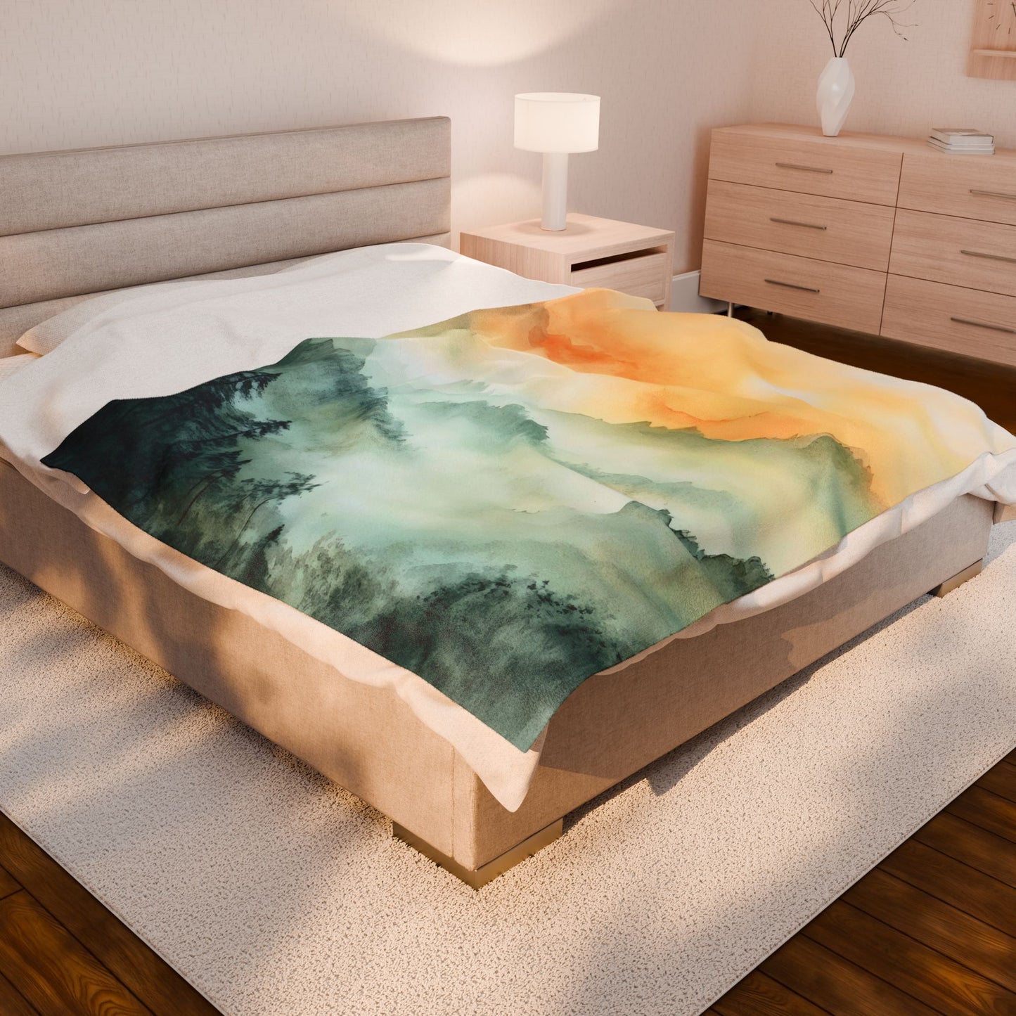 Cozy bedroom with watercolor mountain art throw blanket on bed, tranquil home decor