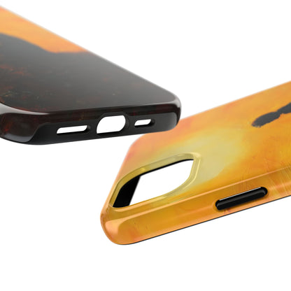 Closeup of smartphone cases with abstract yellow and black spiritual art design