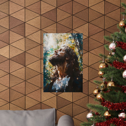 Christian wall art of Jesus with uplifted face, next to a decorated Christmas tree in modern living room