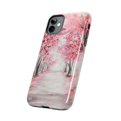 Phone case with pink cherry blossom tree art, serene spring path design