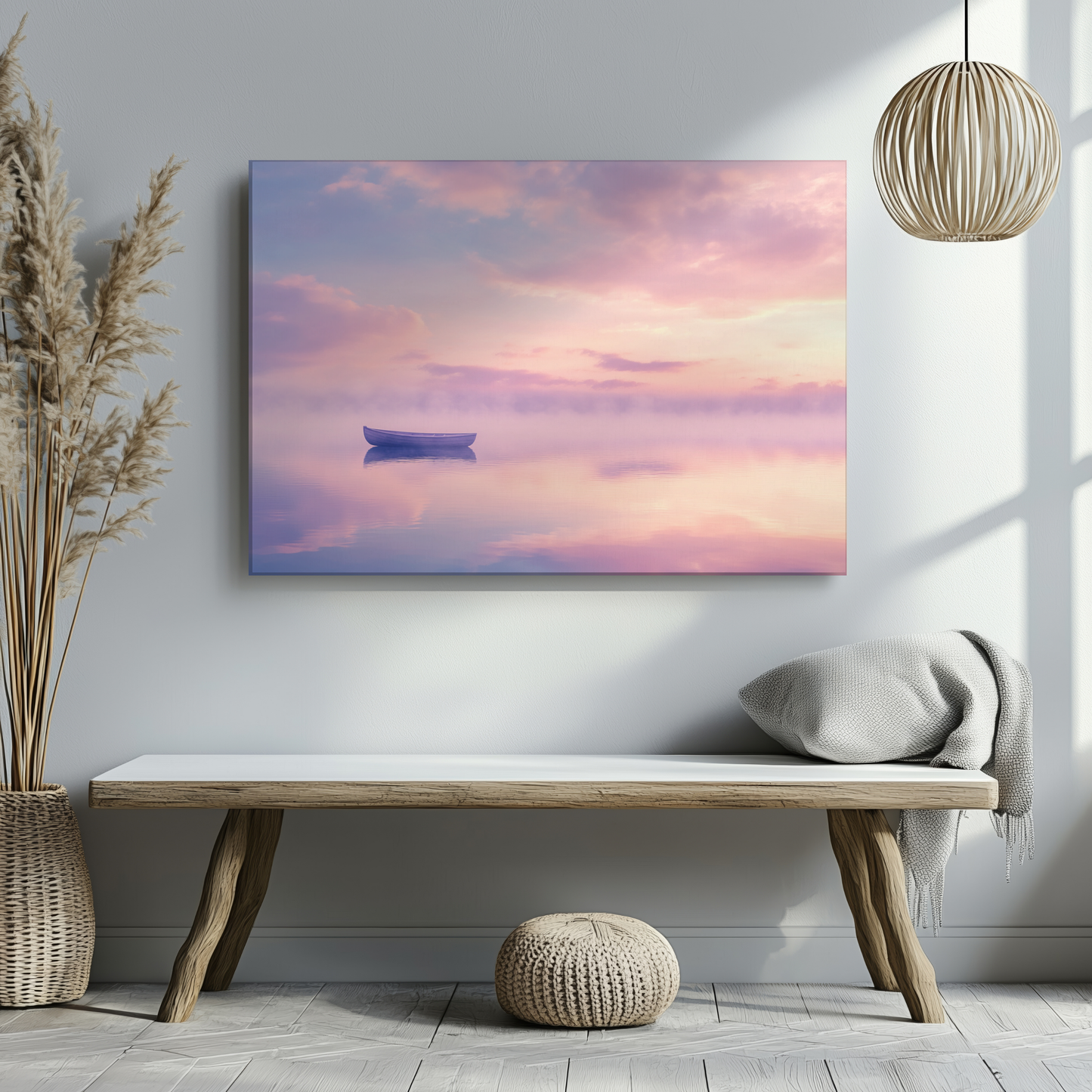 Minimalist living room with serene boat wall art, pampas grass, and cozy decor accents