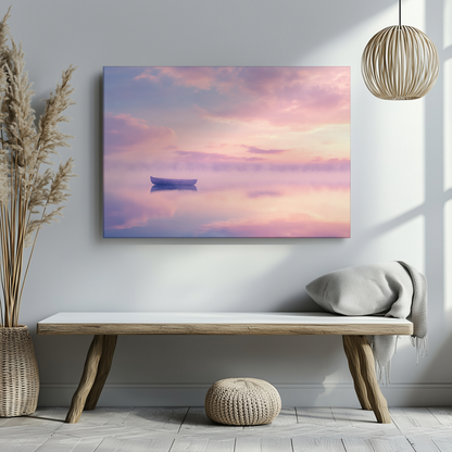 Minimalist living room with serene boat wall art, pampas grass, and cozy decor accents