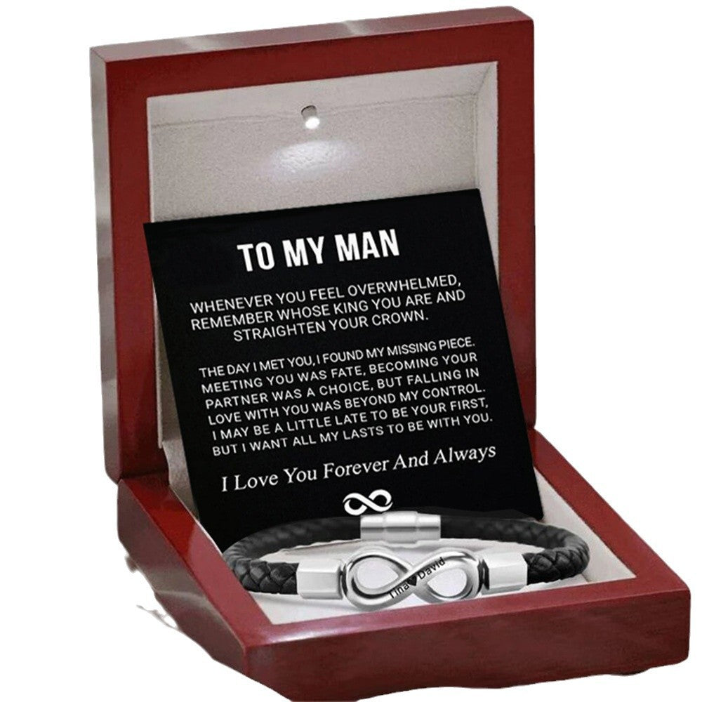 Engraved Leather & Steel Magnetic Bracelet – product view 5