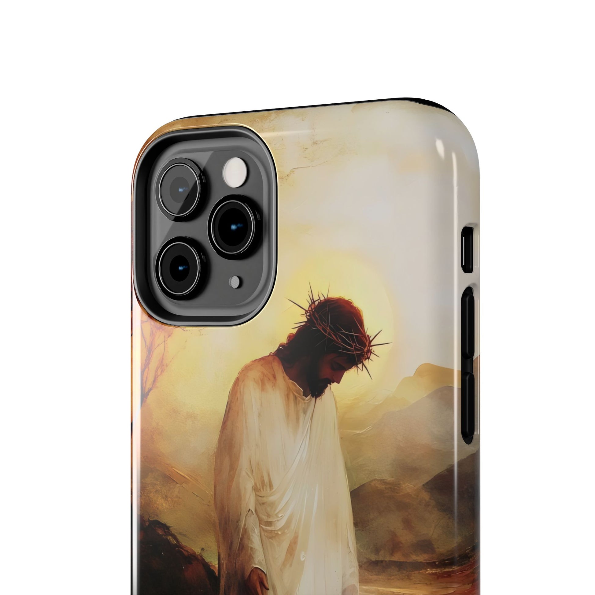 Christian phone case featuring Jesus with crown of thorns, spiritual art, serene landscape