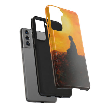 Phone case with spiritual silhouette artwork against vibrant sunset, Christian wall art inspired